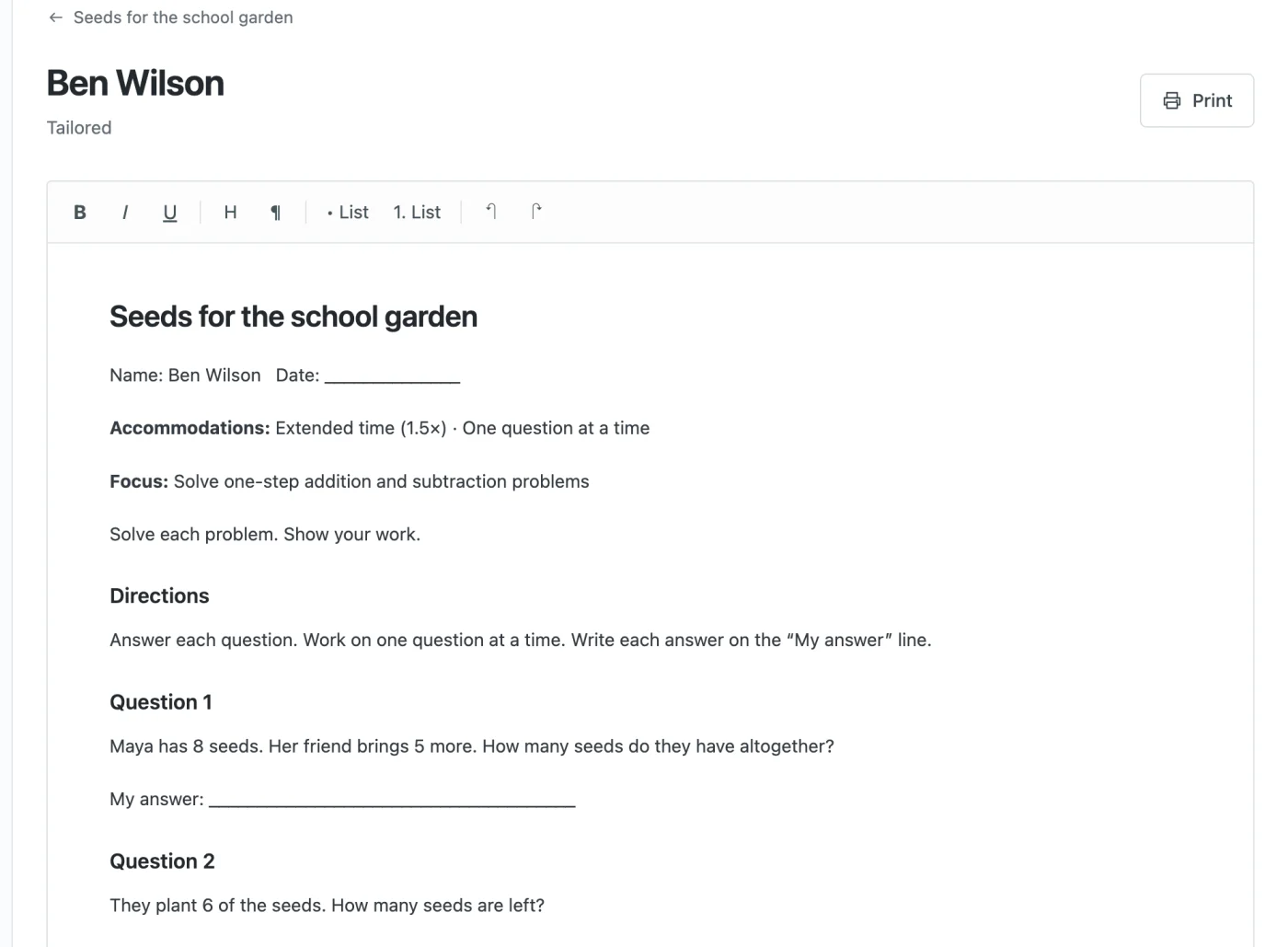 A tailored student version with accommodations and focus objective at the top, followed by questions with answer lines.