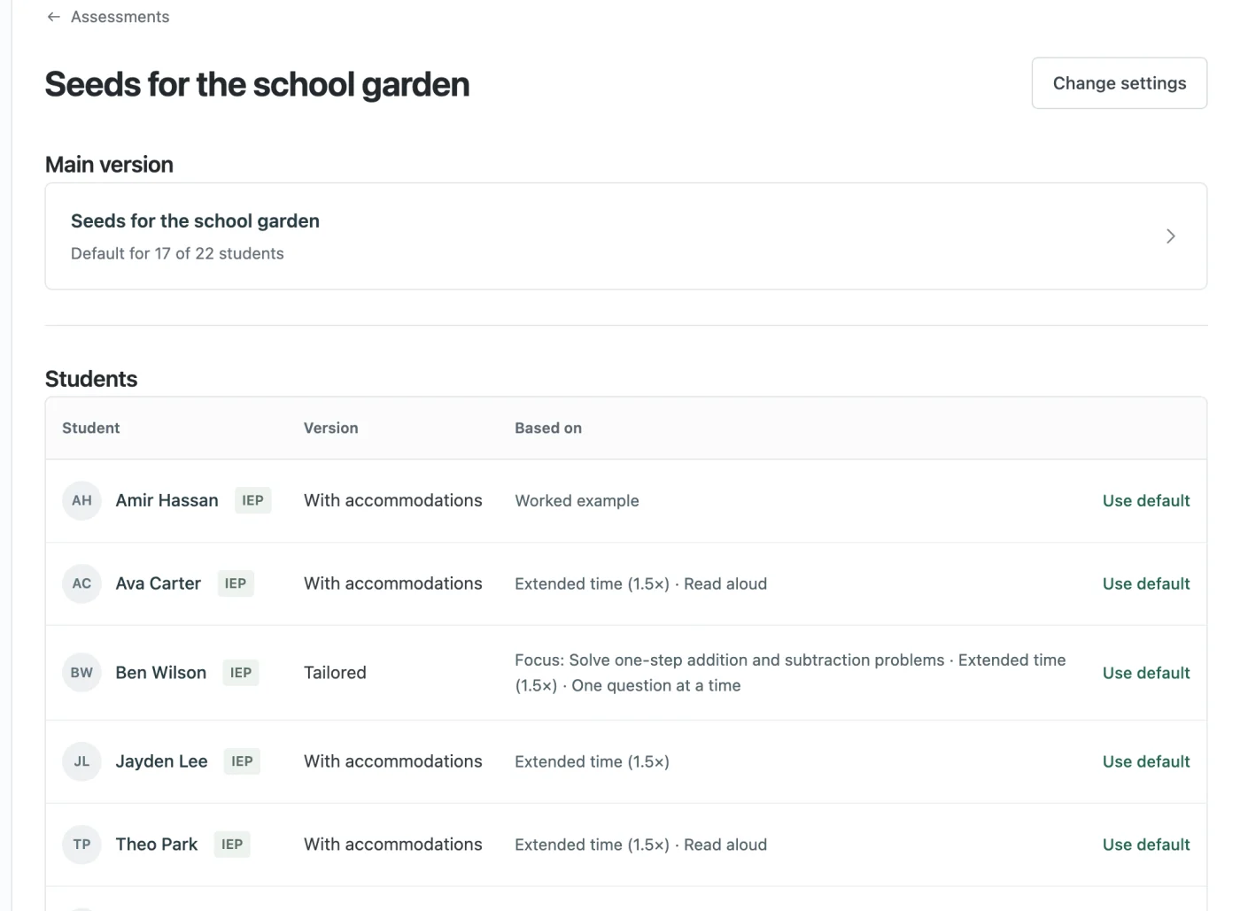 Assessment overview listing students with their version: with accommodations, tailored, or default.